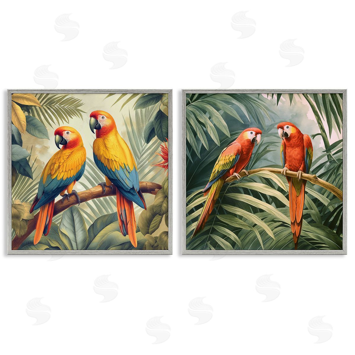 Resting Parrots Among Jungle Grey Frame Print Wall Art, Home Decor by Steve Hunziker