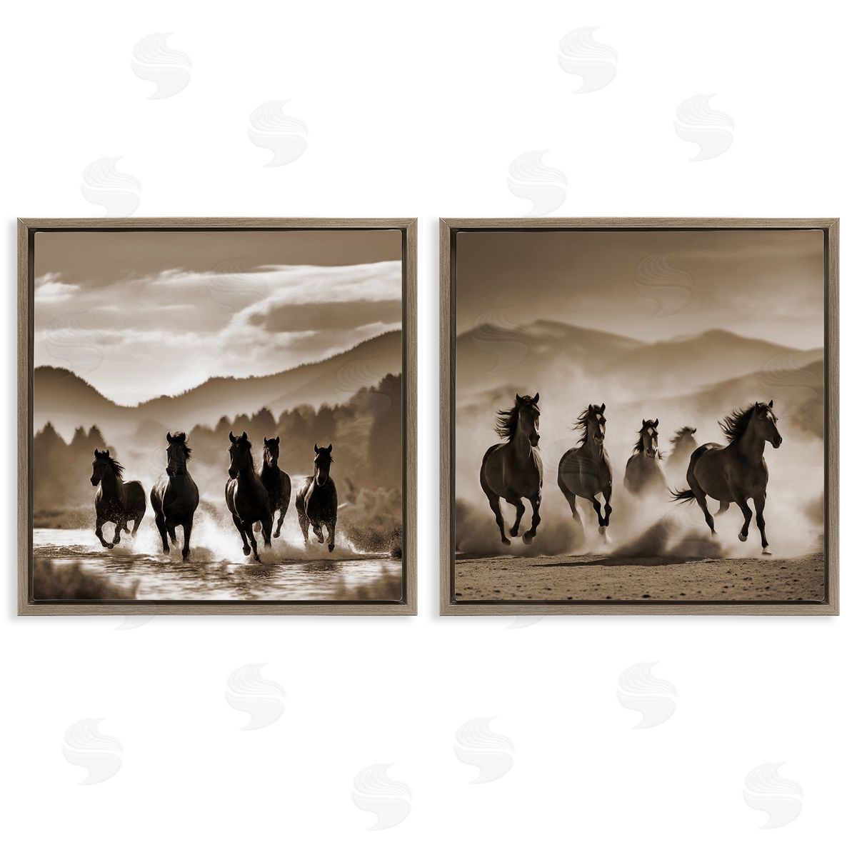 Running Mountain Stallions Brown Floating Frame Canvas Wall Art, Home Decor by Noah Bay