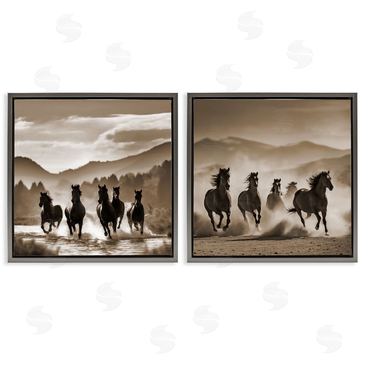 Running Mountain Stallions Grey Floating Frame Canvas Wall Art, Home Decor by Noah Bay