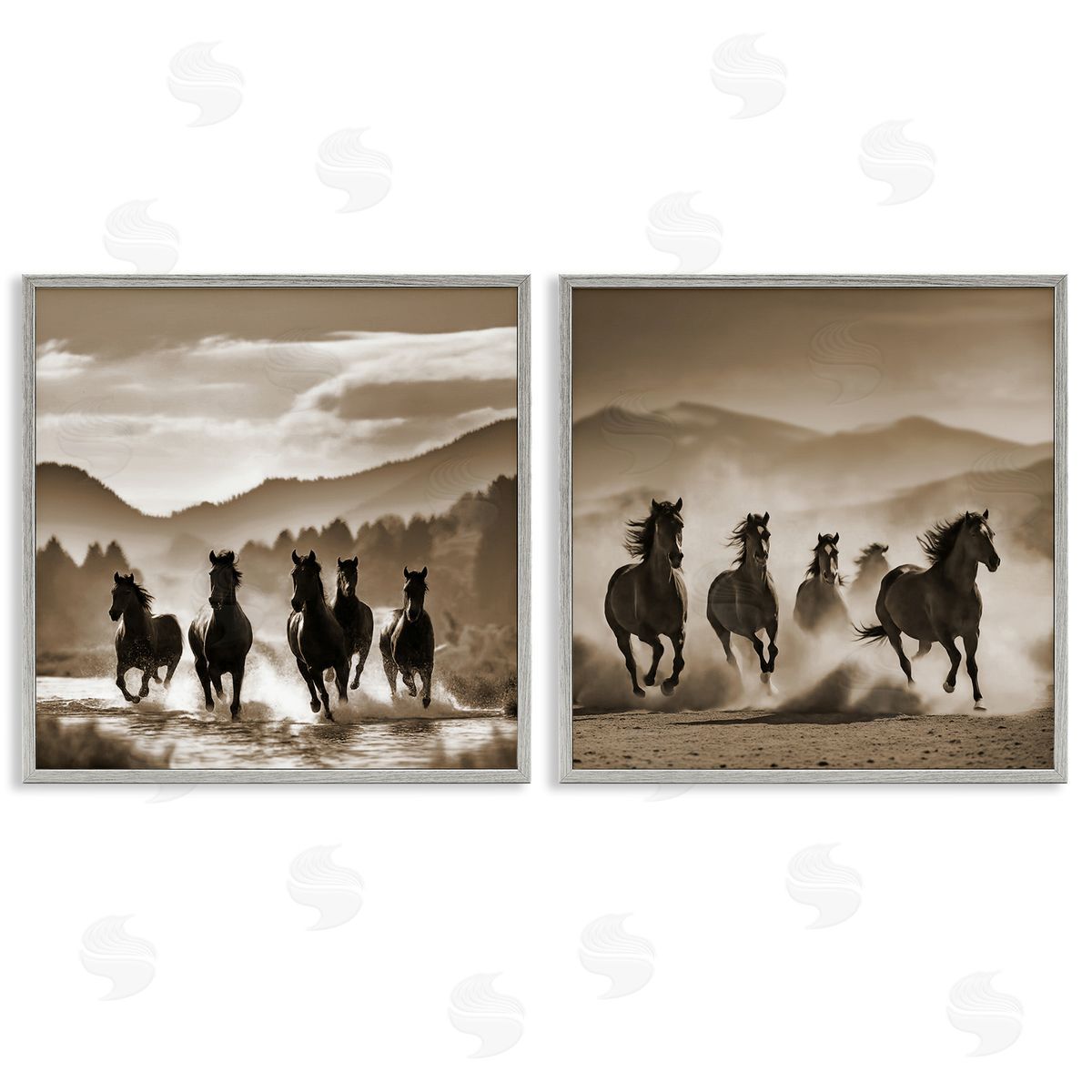 Running Mountain Stallions Grey Frame Print Wall Art, Home Decor by Noah Bay