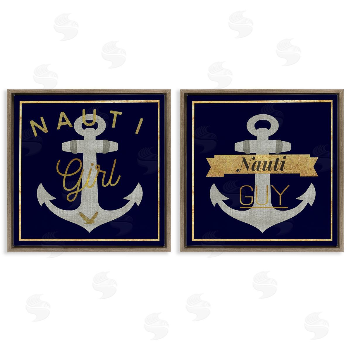 Nauti Girl & Guy Anchors Brown Floating Frame Canvas Wall Art, Home Decor by Graffi*tee Studios