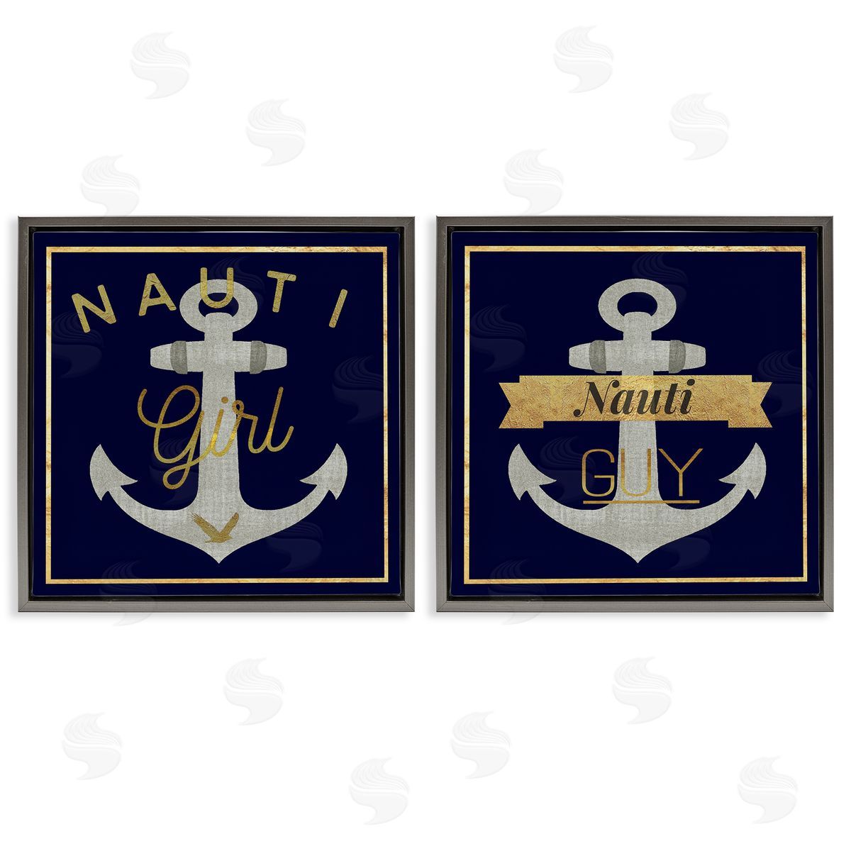 Nauti Girl & Guy Anchors Grey Floating Frame Canvas Wall Art, Home Decor by Graffi*tee Studios