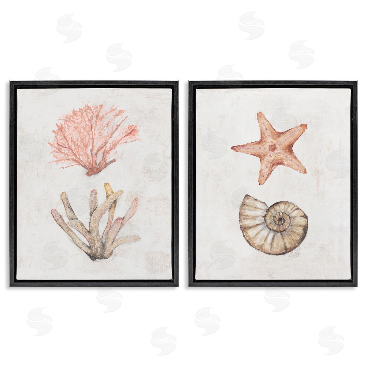 Neutral Pastel Sea Life Black Floating Frame Canvas Wall Art, Home Decor by Filippo Ioco