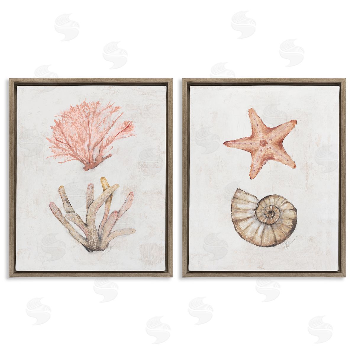 Neutral Pastel Sea Life Brown Floating Frame Canvas Wall Art, Home Decor by Filippo Ioco