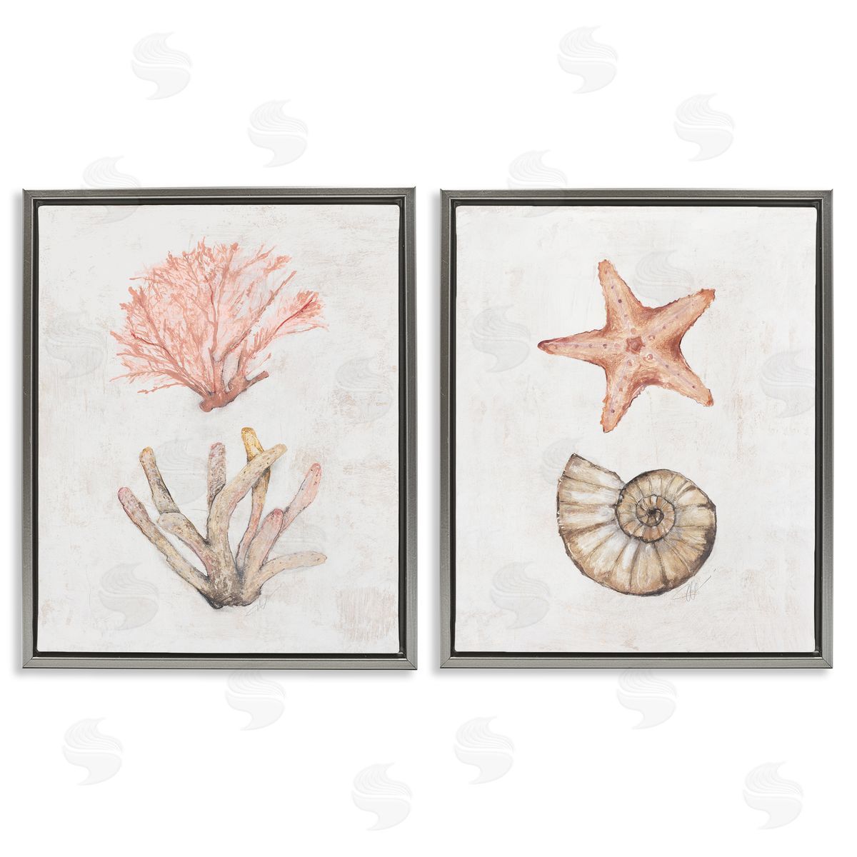 Neutral Pastel Sea Life Grey Floating Frame Canvas Wall Art, Home Decor by Filippo Ioco