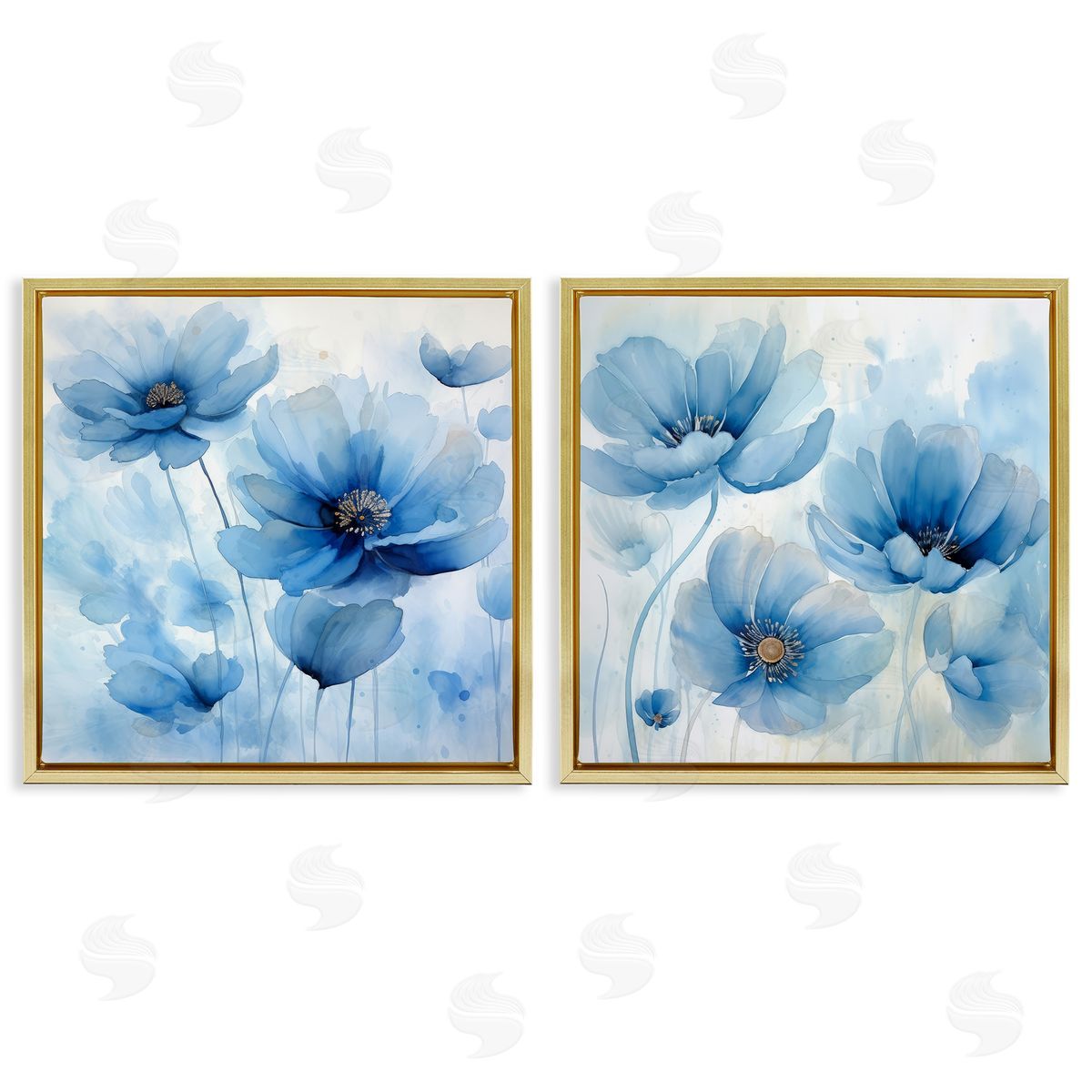 Saturated Blue Blossoms Gold Floating Frame Canvas Wall Art, Home Decor by Irena Orlov