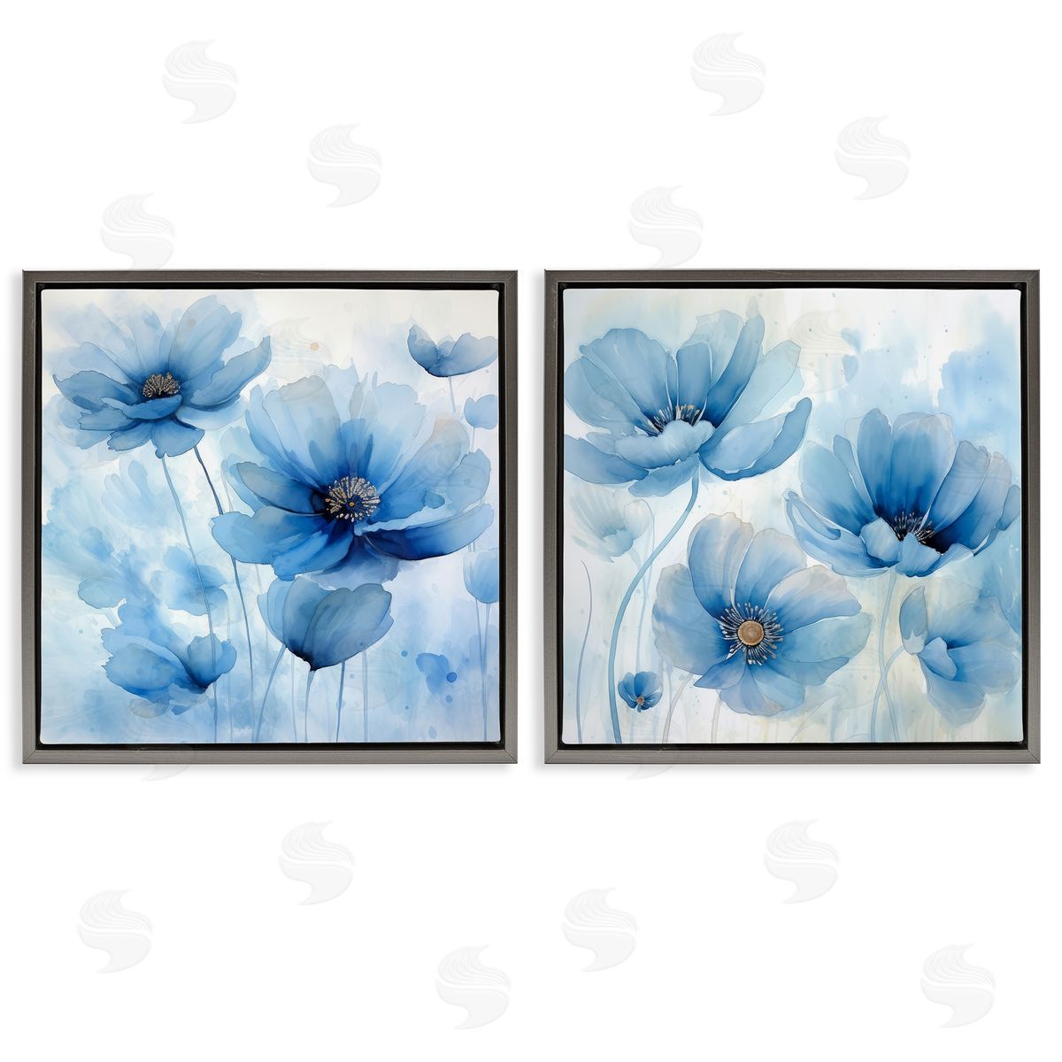 Saturated Blue Blossoms Grey Floating Frame Canvas Wall Art, Home Decor by Irena Orlov