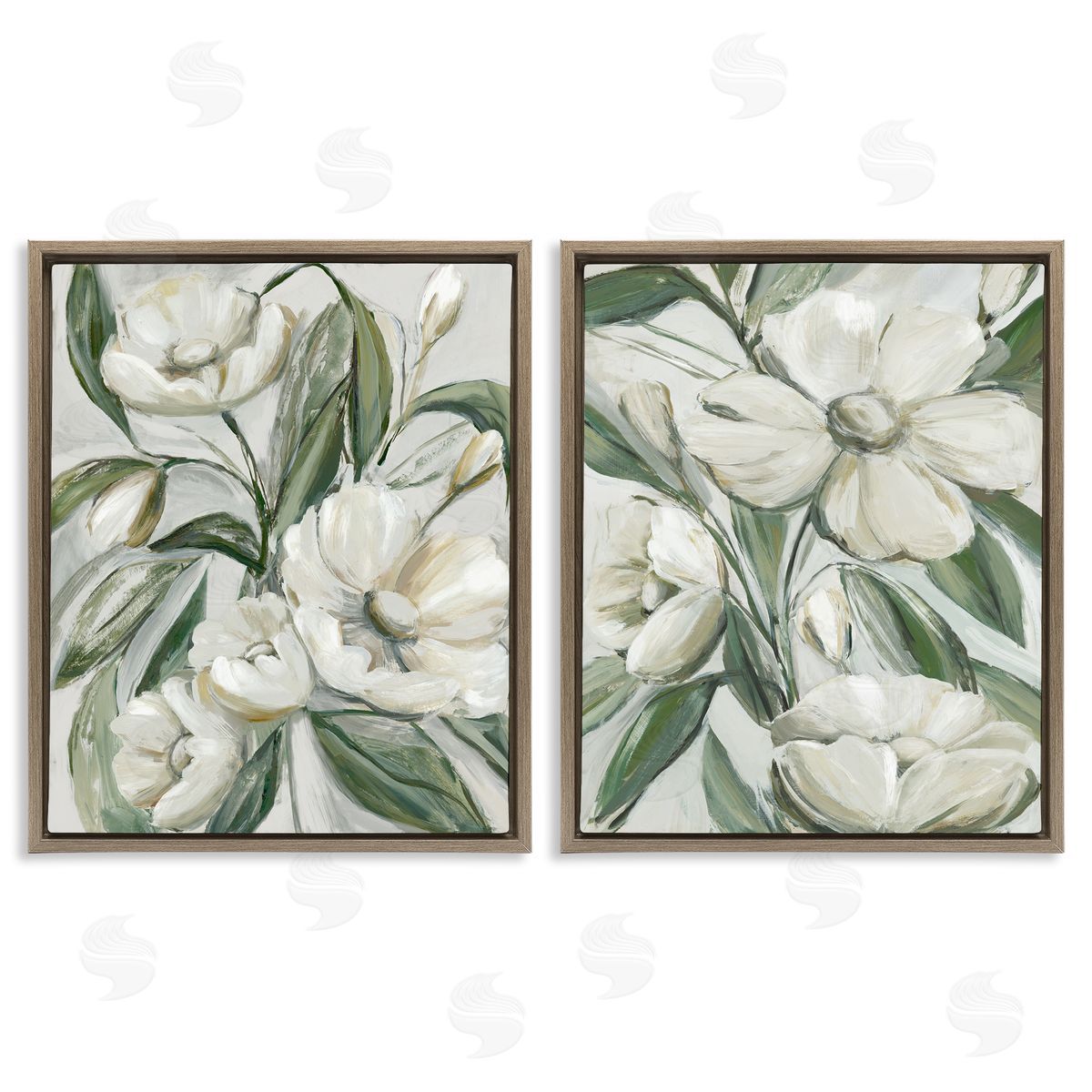 White Blossoms & Leaves Brown Floating Frame Canvas Wall Art, Home Decor by Hannah Dawson