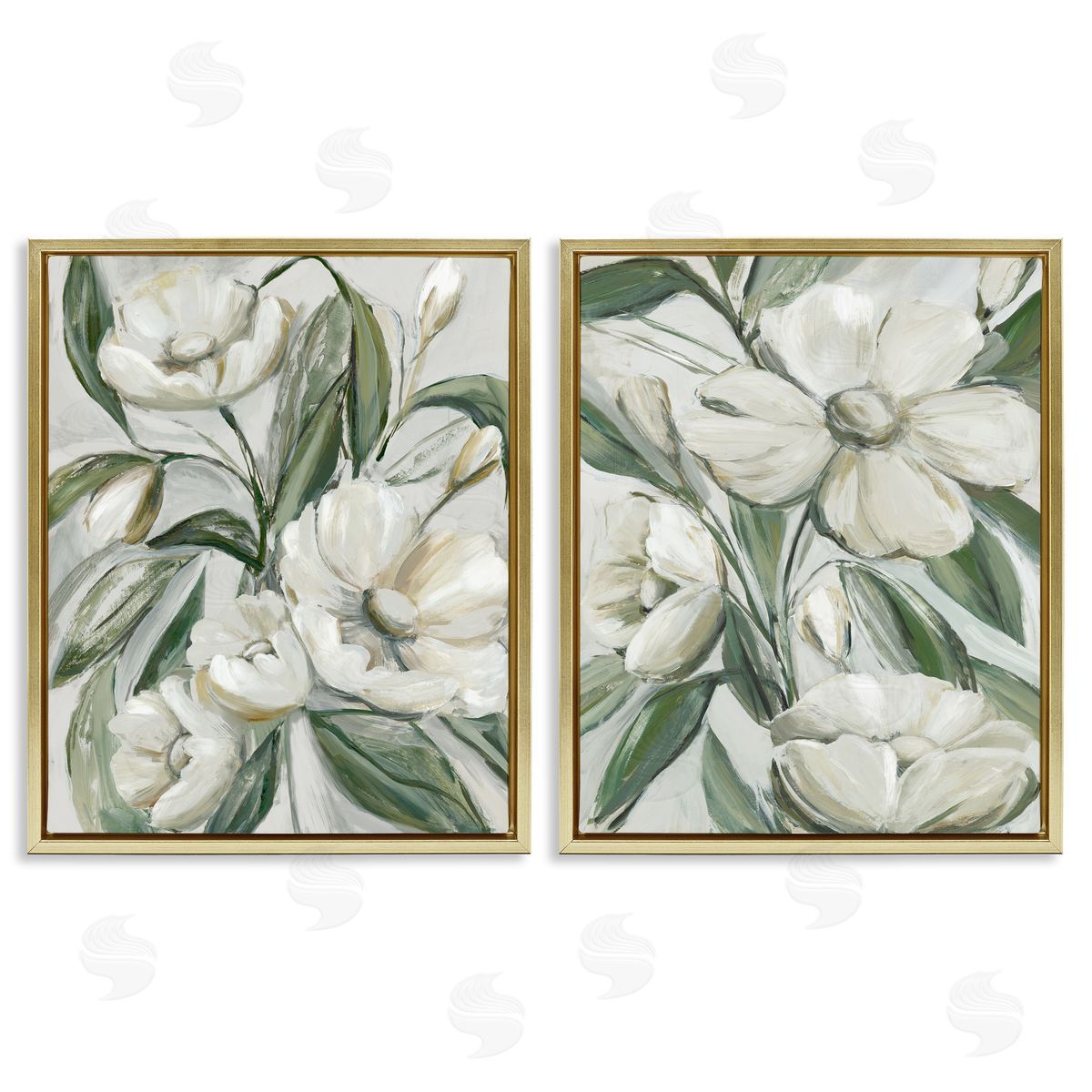 White Blossoms & Leaves Gold Floating Frame Canvas Wall Art, Home Decor by Hannah Dawson