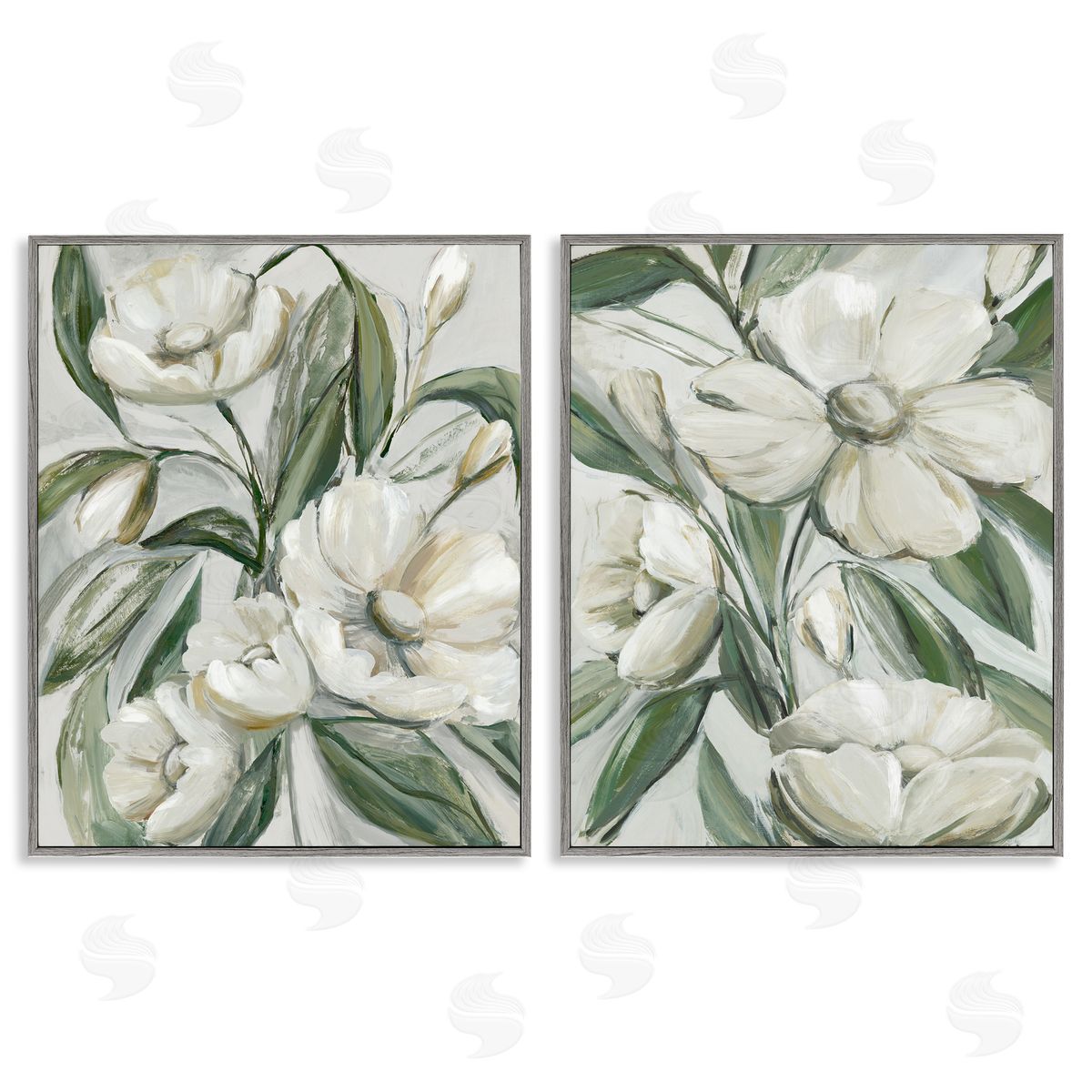 White Blossoms & Leaves Grey Frame Print Wall Art, Home Decor by Hannah Dawson