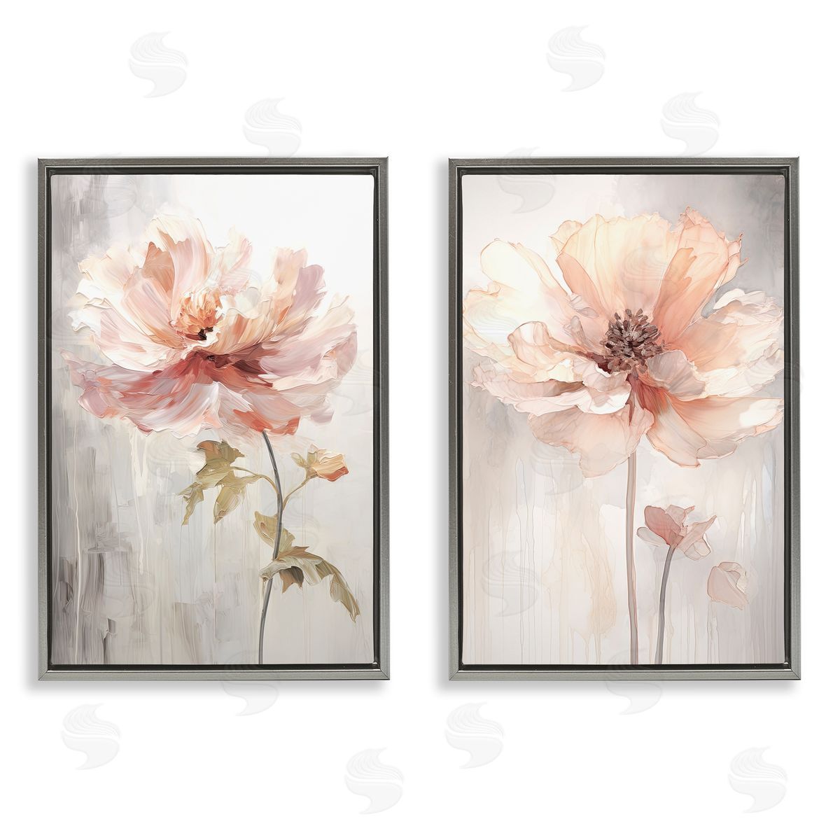 Soft Pink Budding Flowers Grey Floating Frame Canvas Wall Art, Home Decor by Raymond Powers