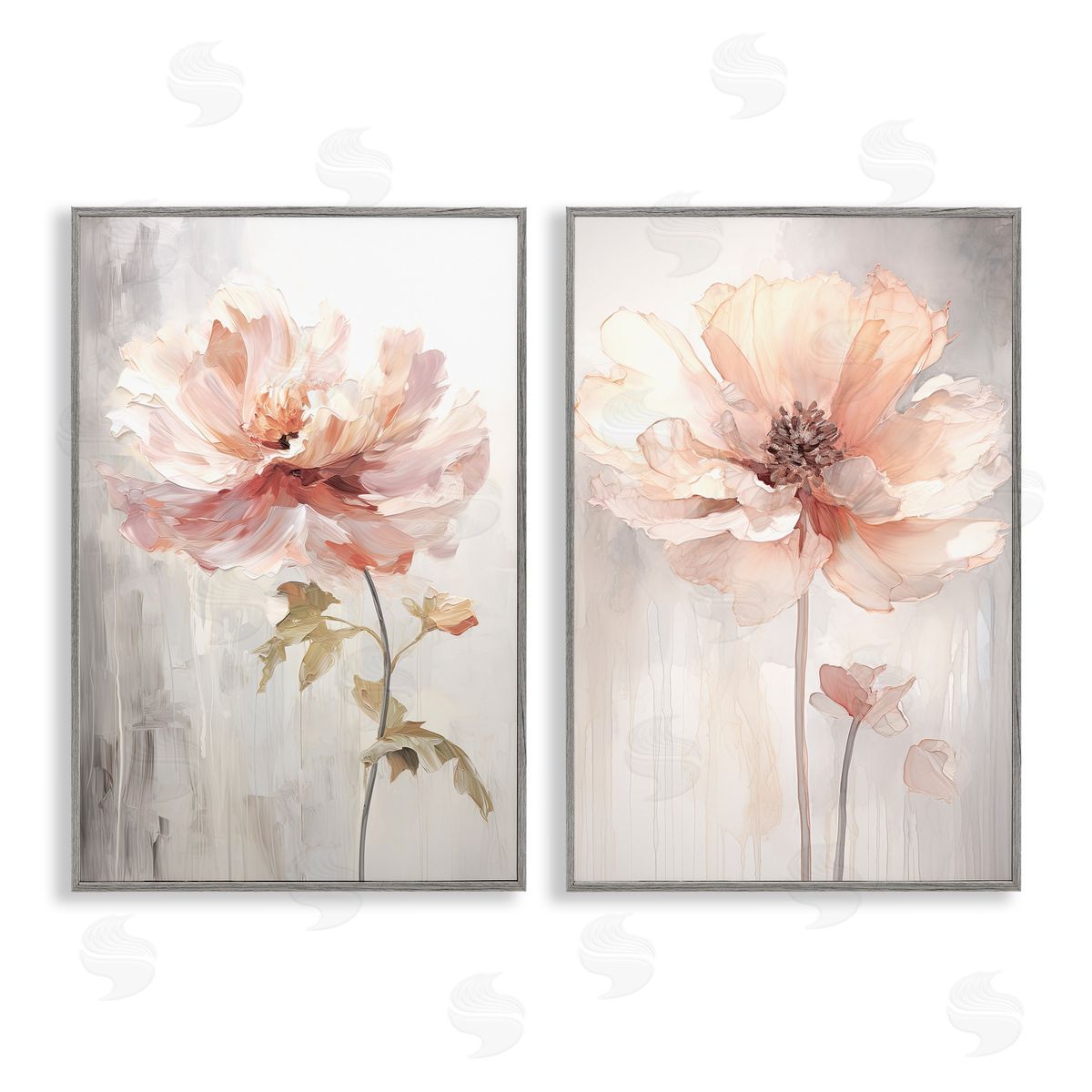 Soft Pink Budding Flowers Grey Frame Print Wall Art, Home Decor by Raymond Powers