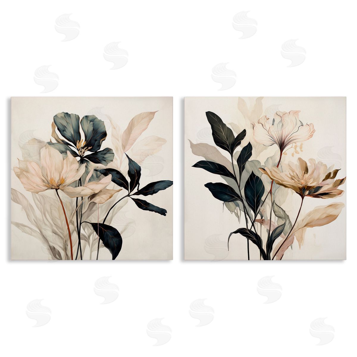 Black & Beige Botanicals Canvas Wall Art, Home Decor by Lazar Studio