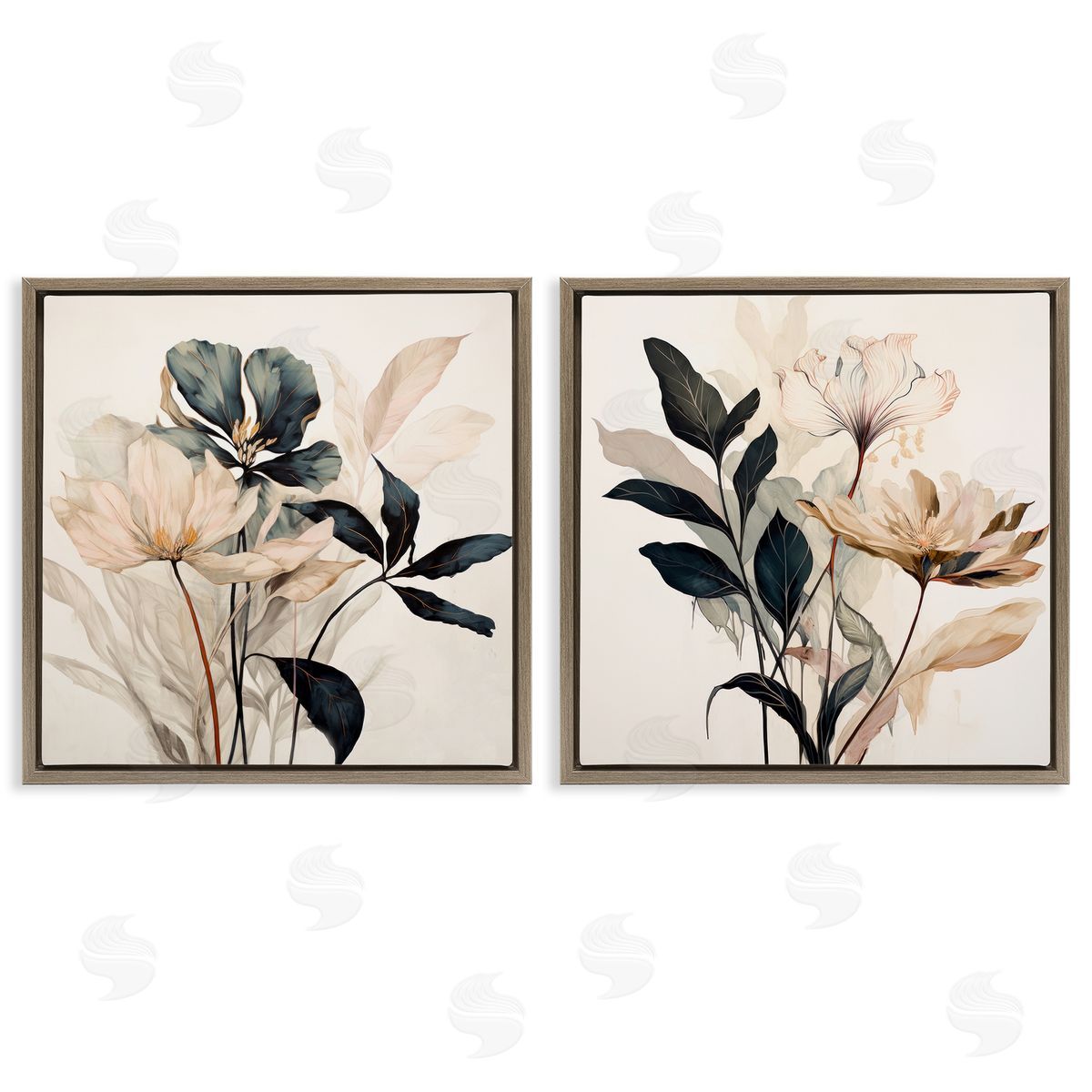 Black & Beige Botanicals Brown Floating Frame Canvas Wall Art, Home Decor by Lazar Studio
