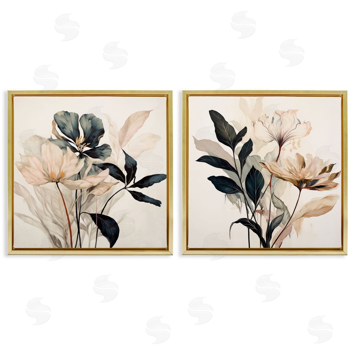 Black & Beige Botanicals Gold Floating Frame Canvas Wall Art, Home Decor by Lazar Studio