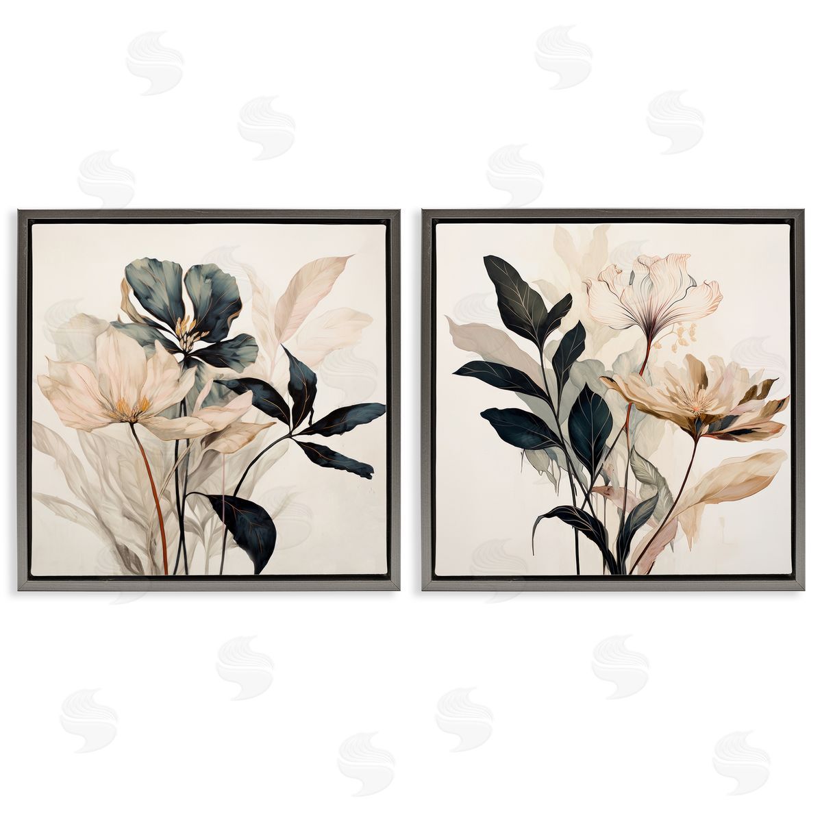 Black & Beige Botanicals Grey Floating Frame Canvas Wall Art, Home Decor by Lazar Studio