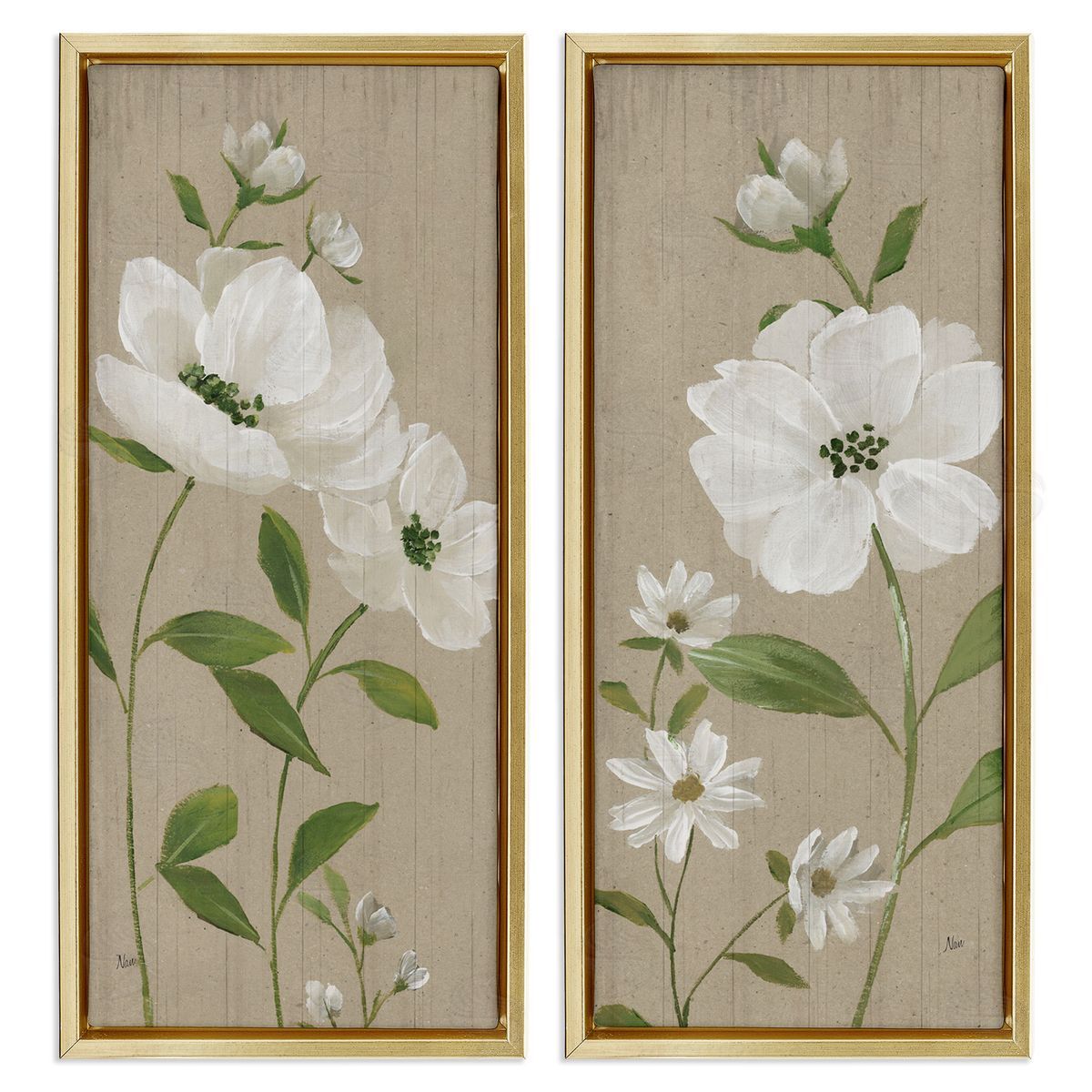 Cottage Blossoms on Beige Gold Floating Frame Canvas Wall Art, Home Decor by Nan
