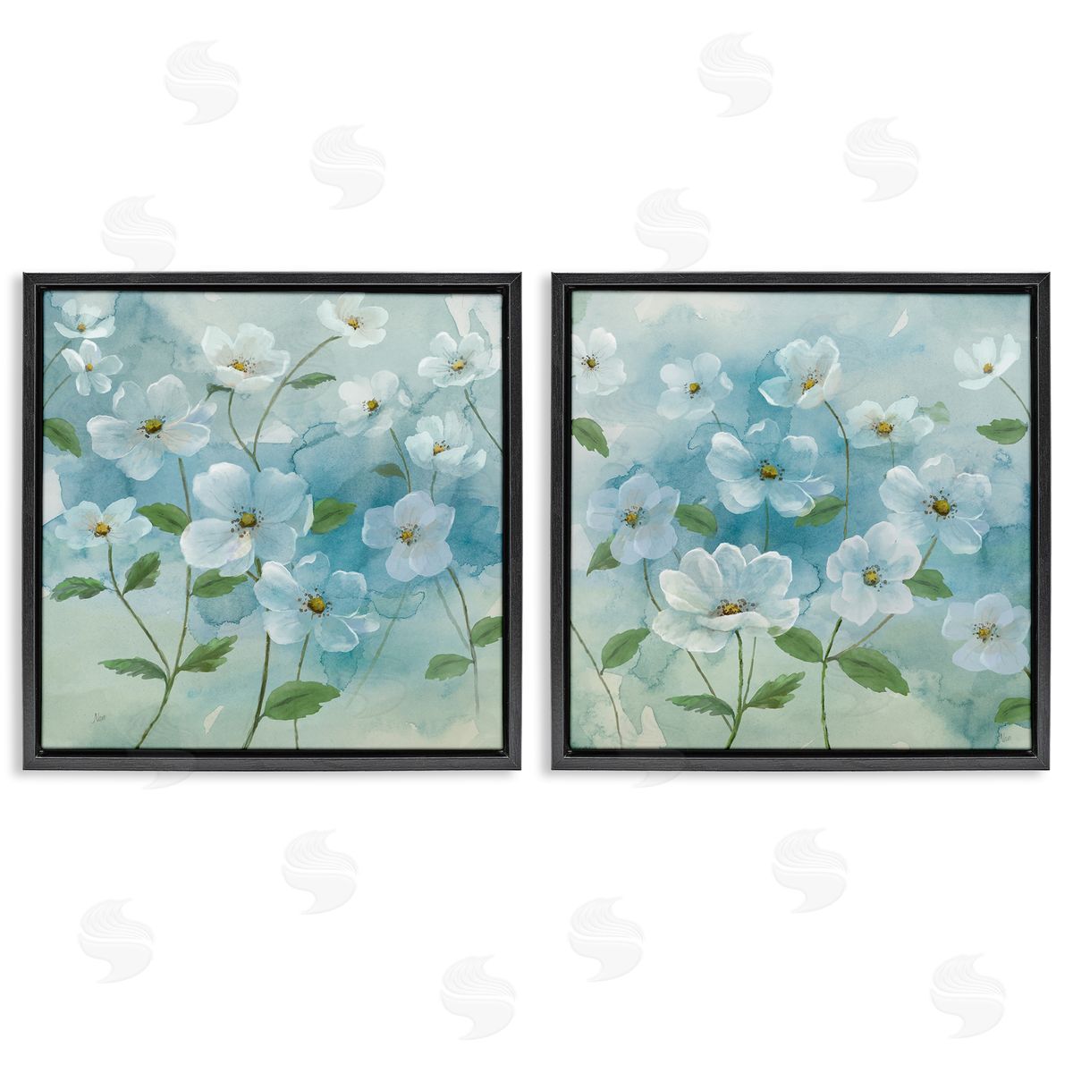 Blue & White Apple Blossoms Black Floating Frame Canvas Wall Art, Home Decor by Nan