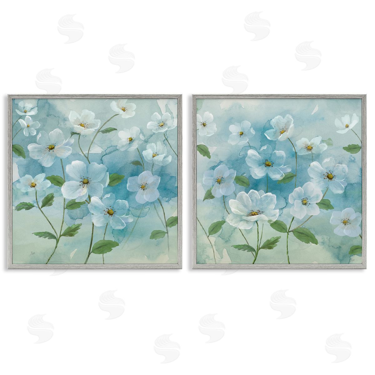 Blue & White Apple Blossoms Grey Frame Print Wall Art, Home Decor by Nan