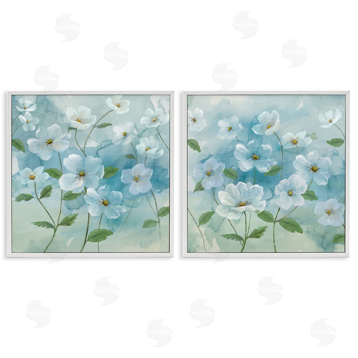 Blue & White Apple Blossoms White Frame Print Wall Art, Home Decor by Nan