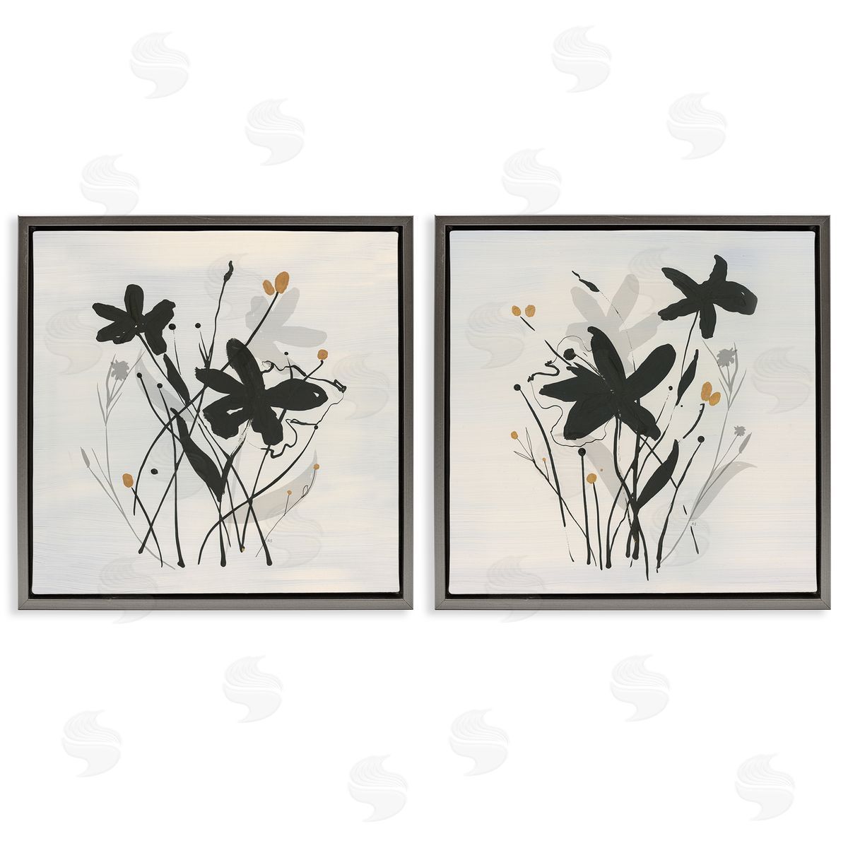 Contemporary Floral Sprigs Grey Floating Frame Canvas Wall Art, Home Decor by Susan Jill