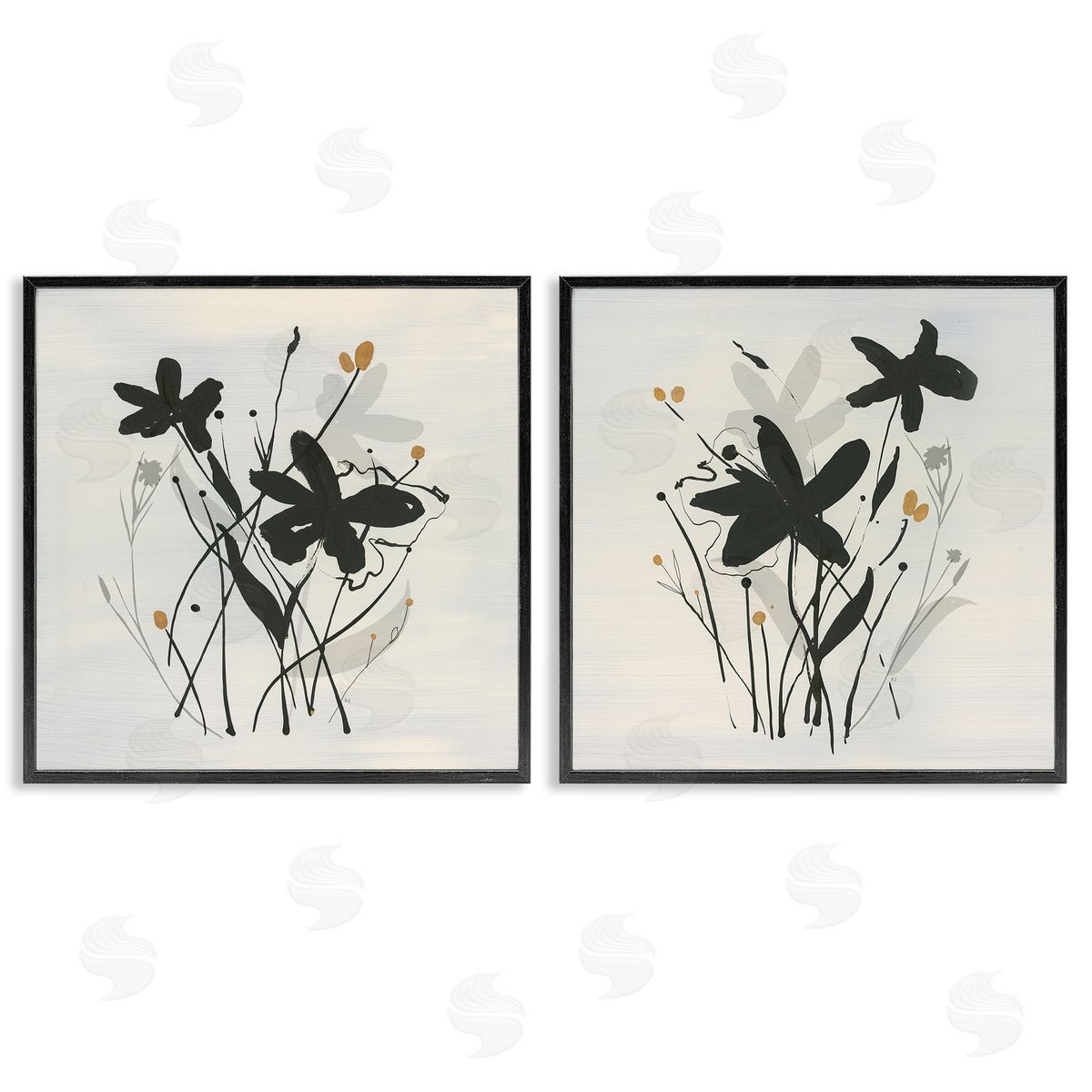 Contemporary Floral Sprigs Black Frame Print Wall Art, Home Decor by Susan Jill