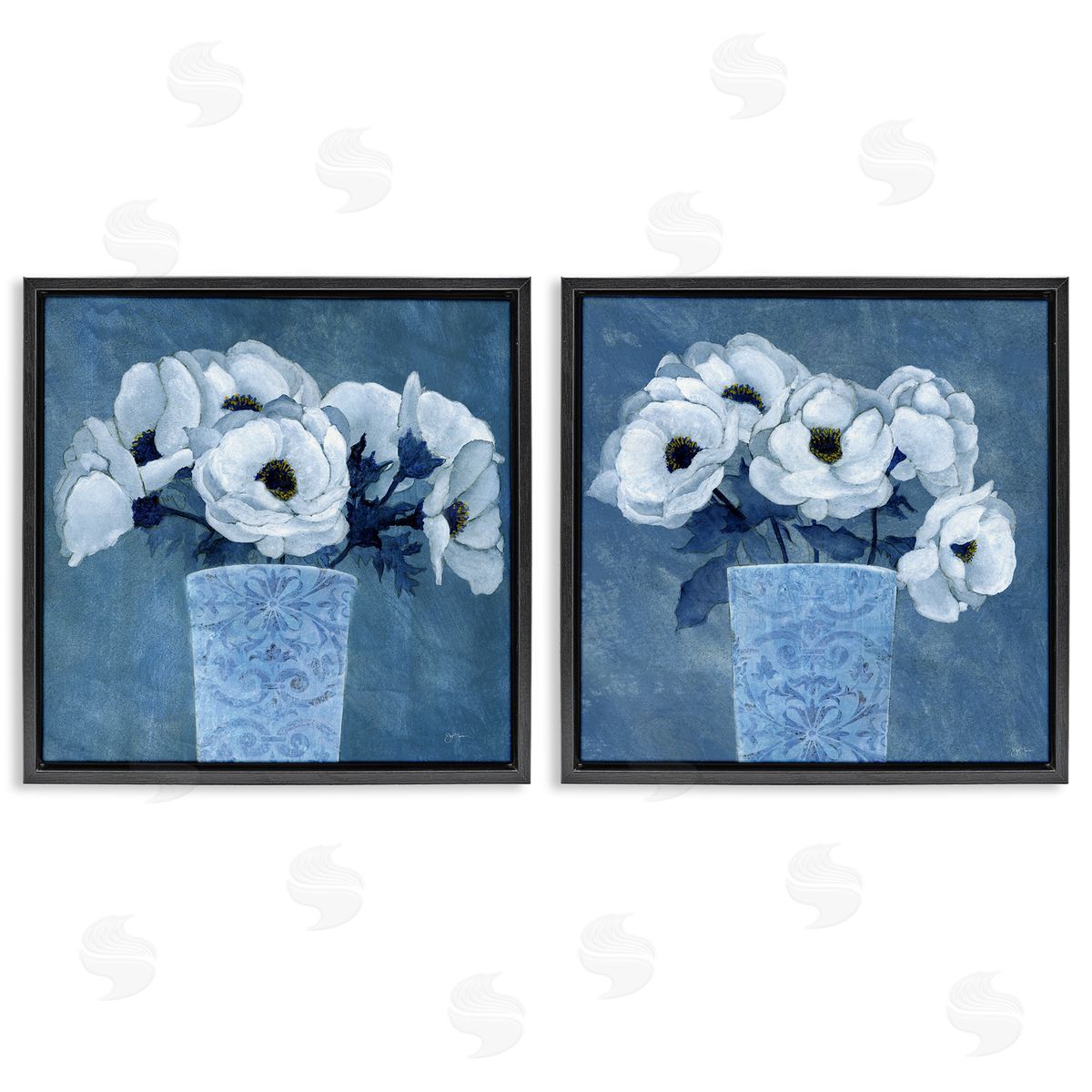 Magnolia Bouquets on Blue Black Floating Frame Canvas Wall Art, Home Decor by Janet Tava