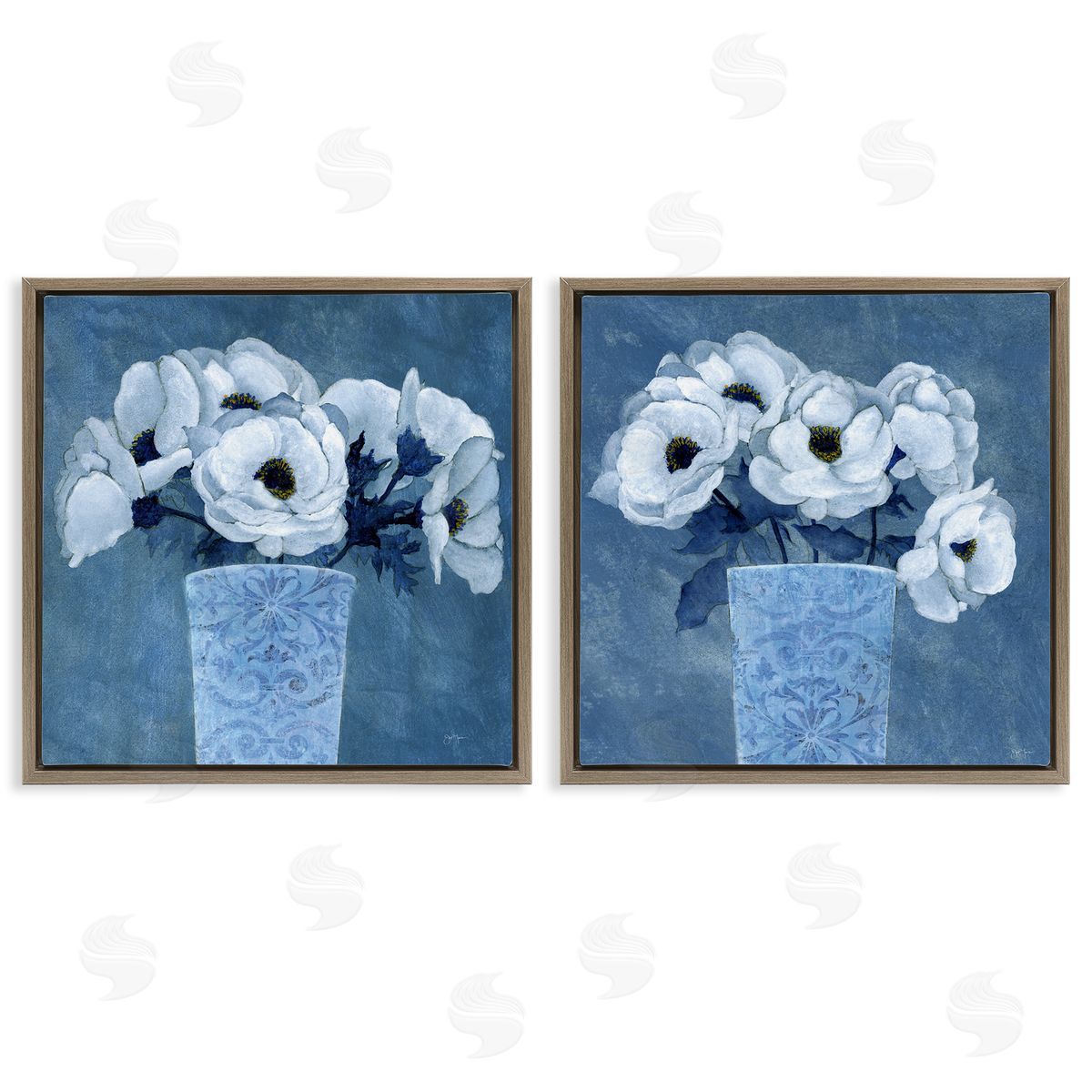 Magnolia Bouquets on Blue Brown Floating Frame Canvas Wall Art, Home Decor by Janet Tava