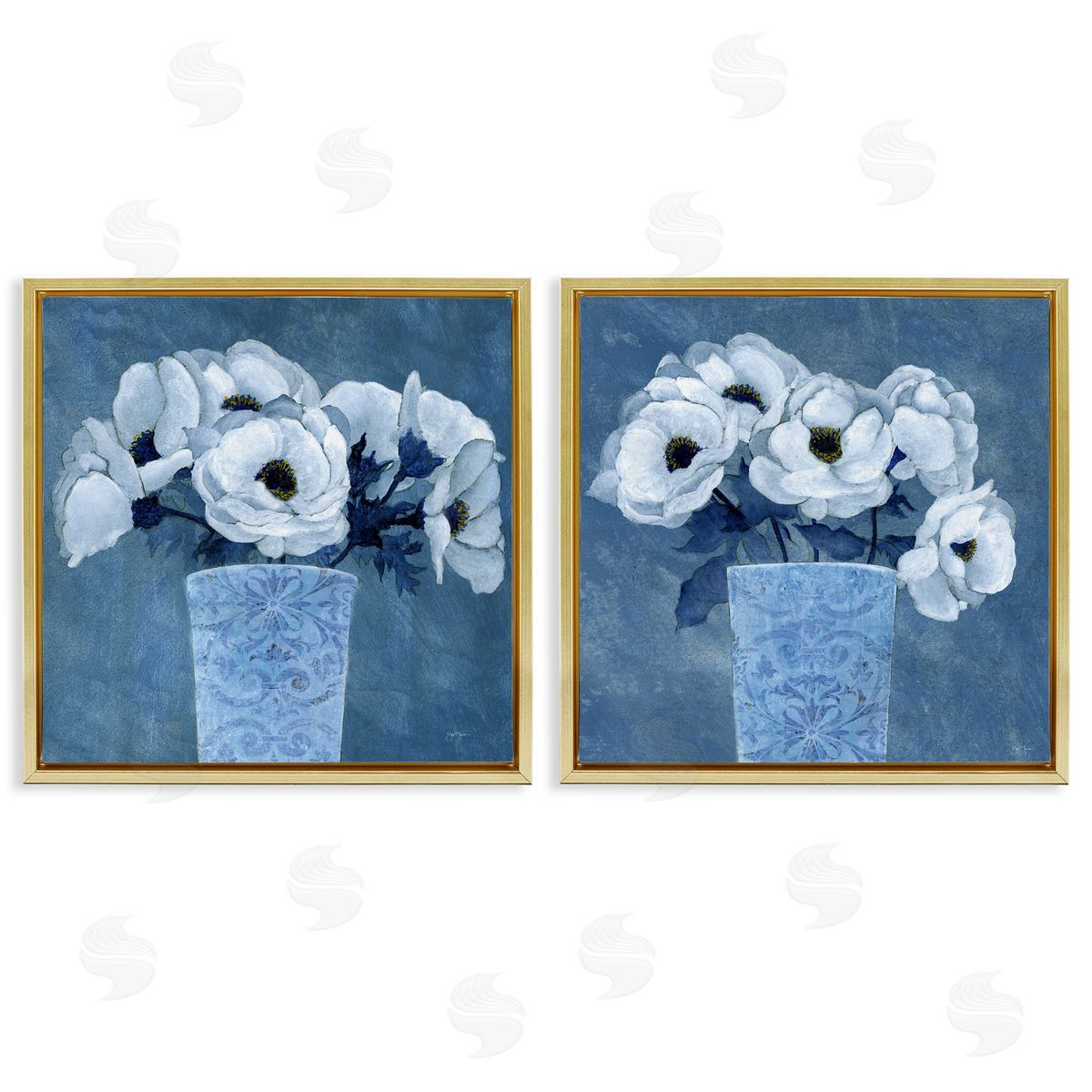 Magnolia Bouquets on Blue Gold Floating Frame Canvas Wall Art, Home Decor by Janet Tava