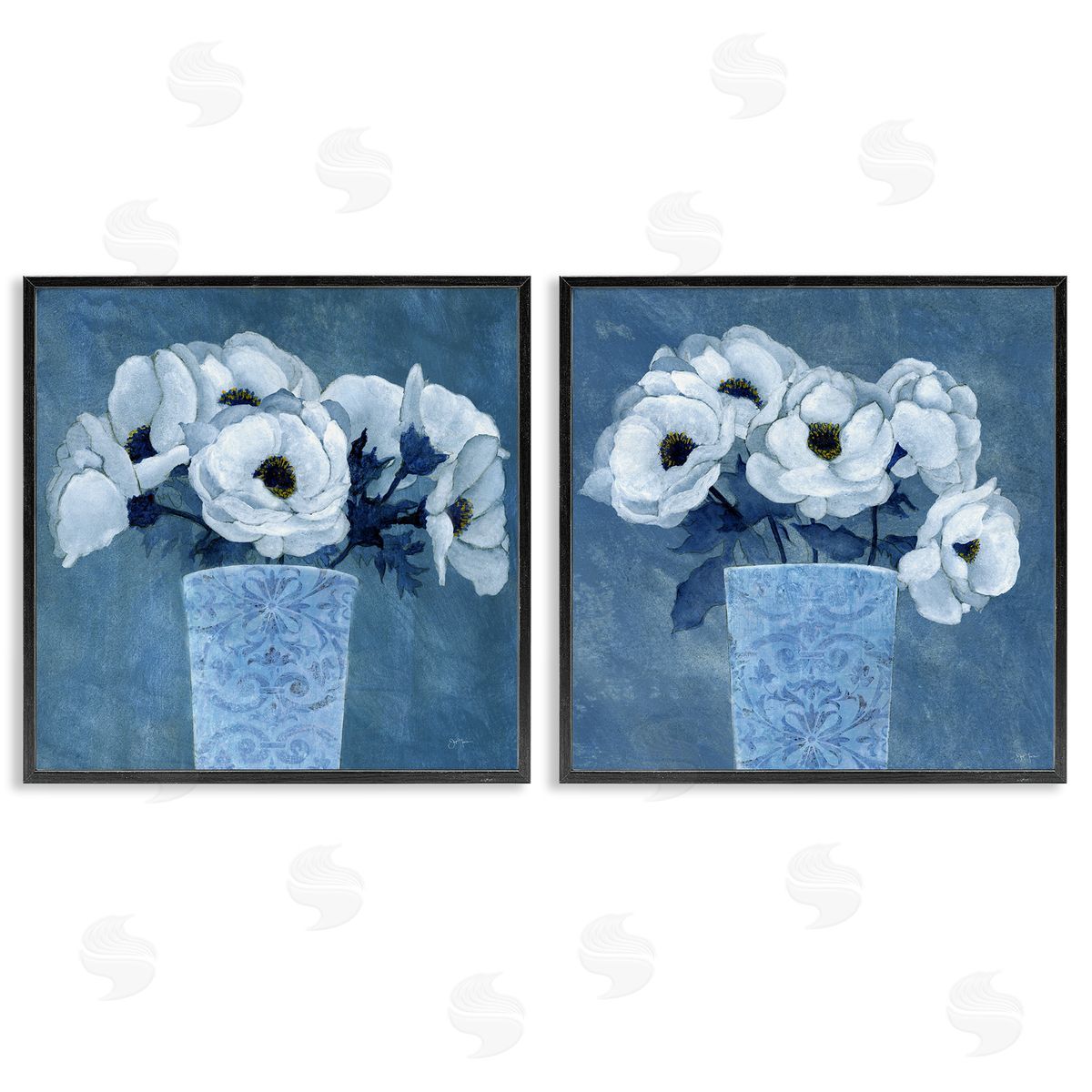 Magnolia Bouquets on Blue Black Frame Print Wall Art, Home Decor by Janet Tava