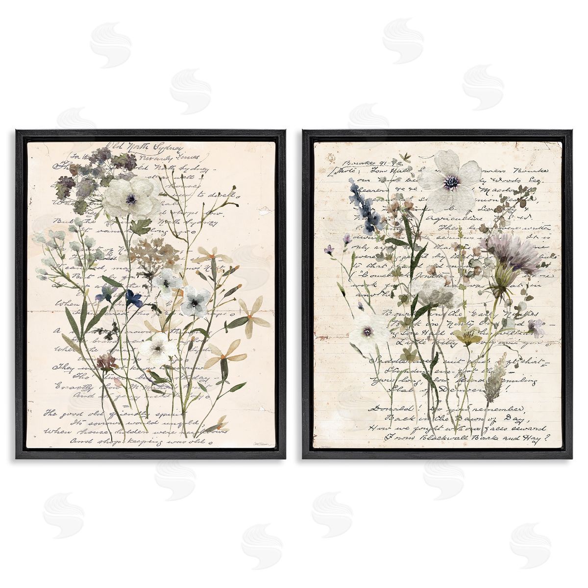 Vintage Letters with Botanicals Black Floating Frame Canvas Wall Art, Home Decor by Carol Robinson