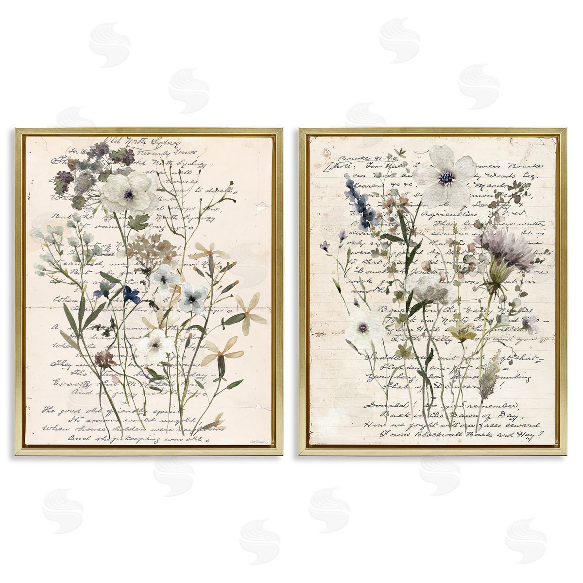 Vintage Letters with Botanicals Gold Floating Frame Canvas Wall Art, Home Decor by Carol Robinson