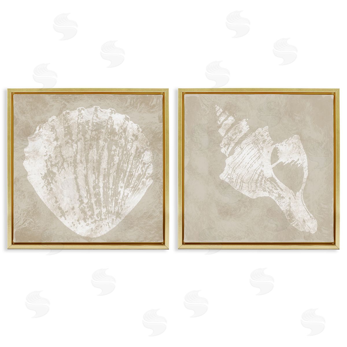 Rustic Abstract Seashells Gold Floating Frame Canvas Wall Art, Home Decor by Carol Robinson