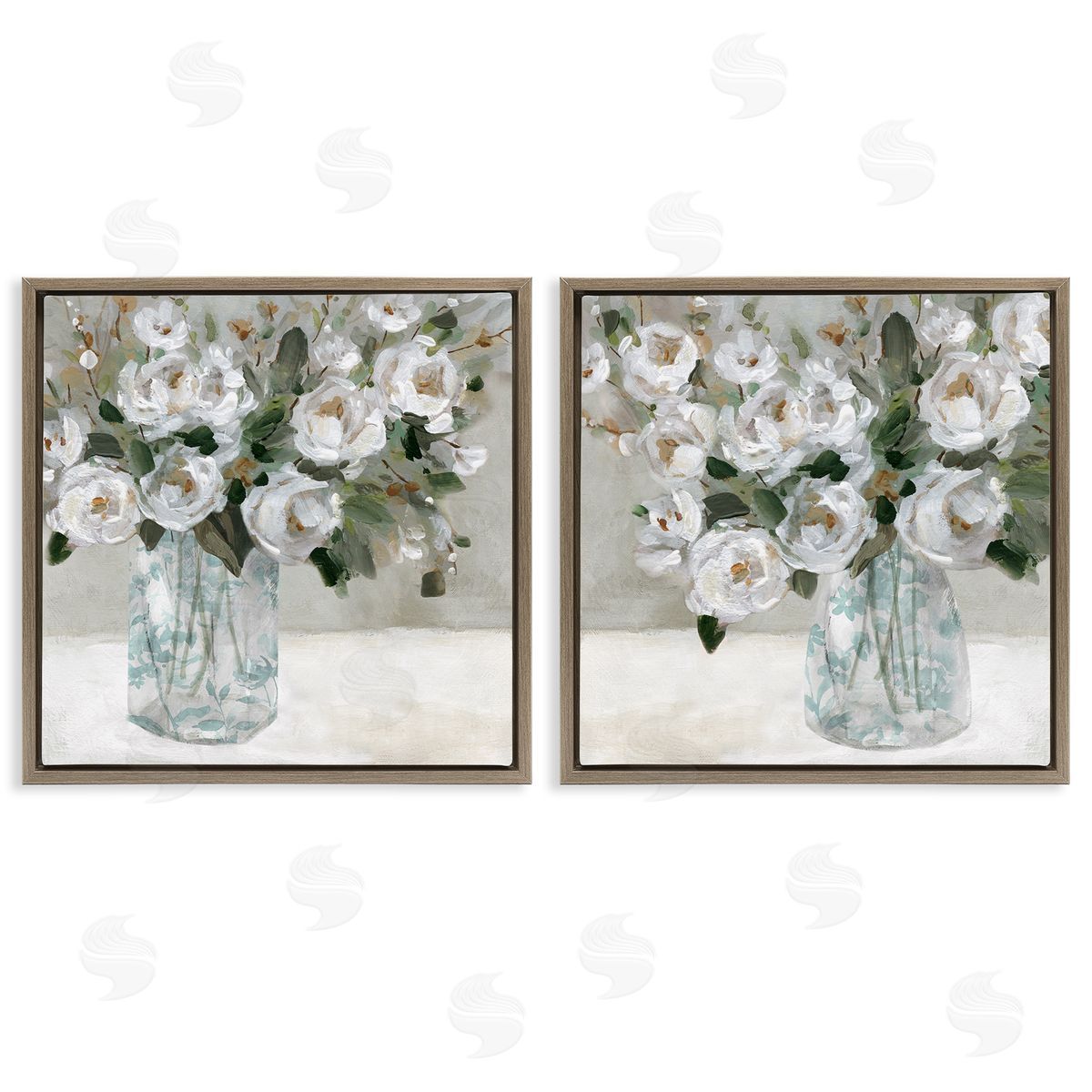 Blooming White Rose Bouquets Brown Floating Frame Canvas Wall Art, Home Decor by Carol Robinson