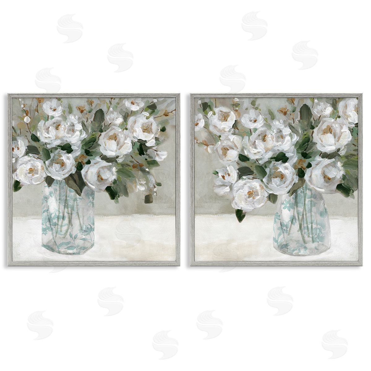 Blooming White Rose Bouquets Grey Frame Print Wall Art, Home Decor by Carol Robinson
