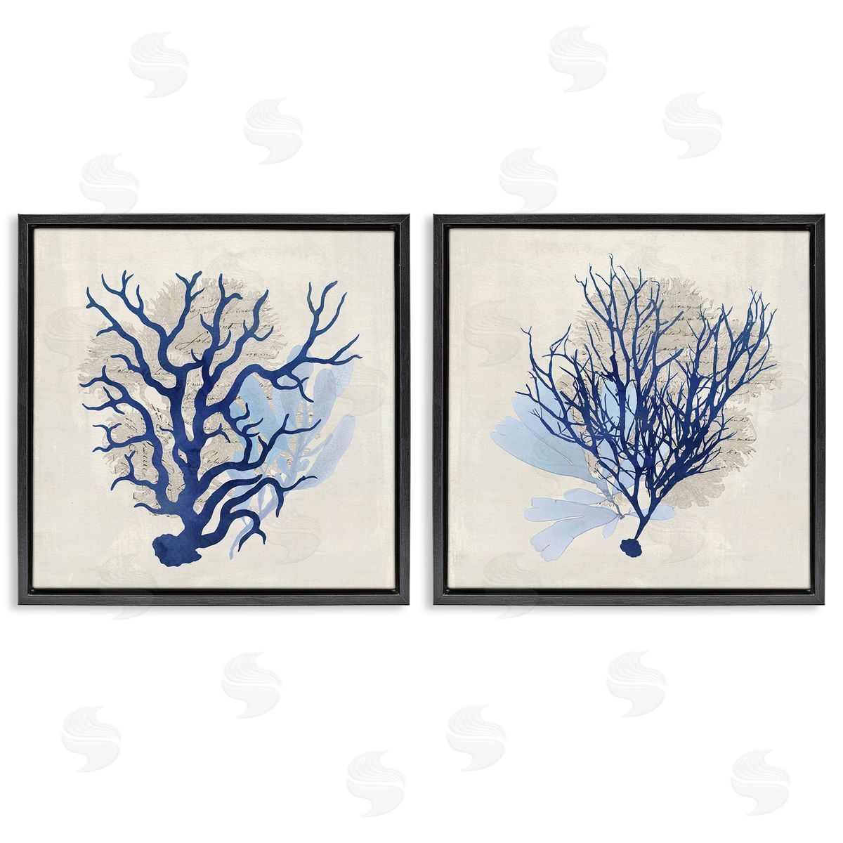 Blue Coral Branches Black Floating Frame Canvas Wall Art, Home Decor by Susan Arnot