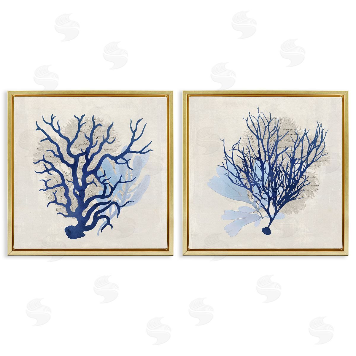 Blue Coral Branches Gold Floating Frame Canvas Wall Art, Home Decor by Susan Arnot