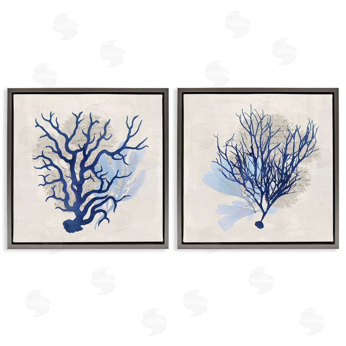 Blue Coral Branches Grey Floating Frame Canvas Wall Art, Home Decor by Susan Arnot