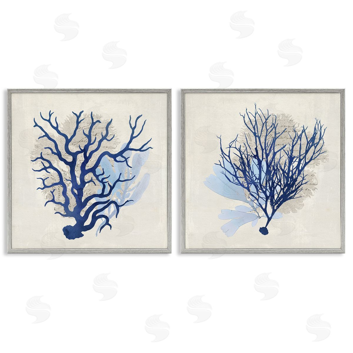 Blue Coral Branches Grey Frame Print Wall Art, Home Decor by Susan Arnot