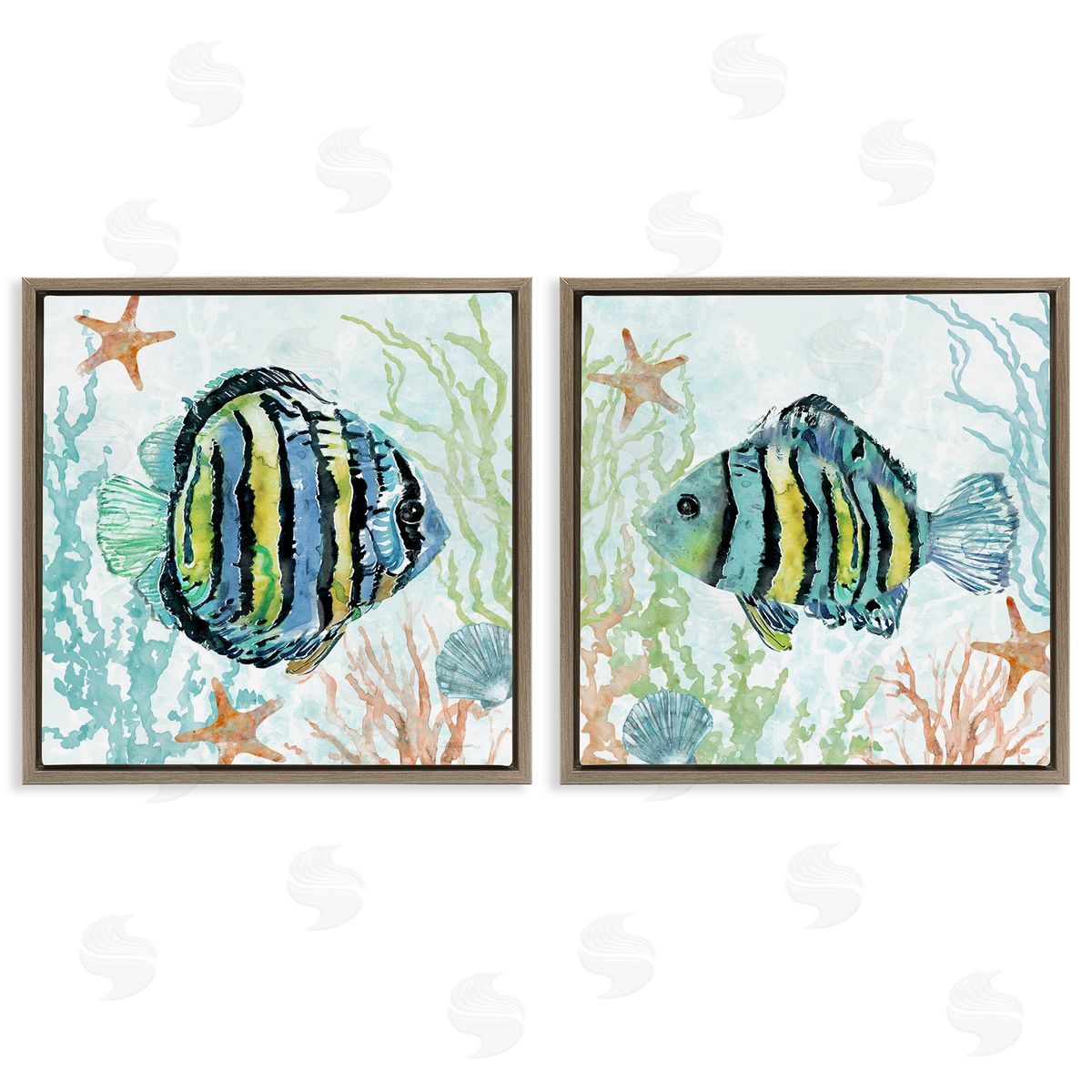 Aquatic Striped Fish Brown Floating Frame Canvas Wall Art, Home Decor by Carol Robinson