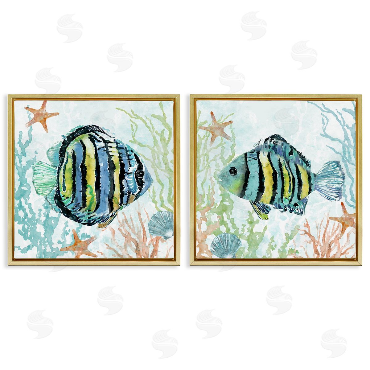 Aquatic Striped Fish Gold Floating Frame Canvas Wall Art, Home Decor by Carol Robinson