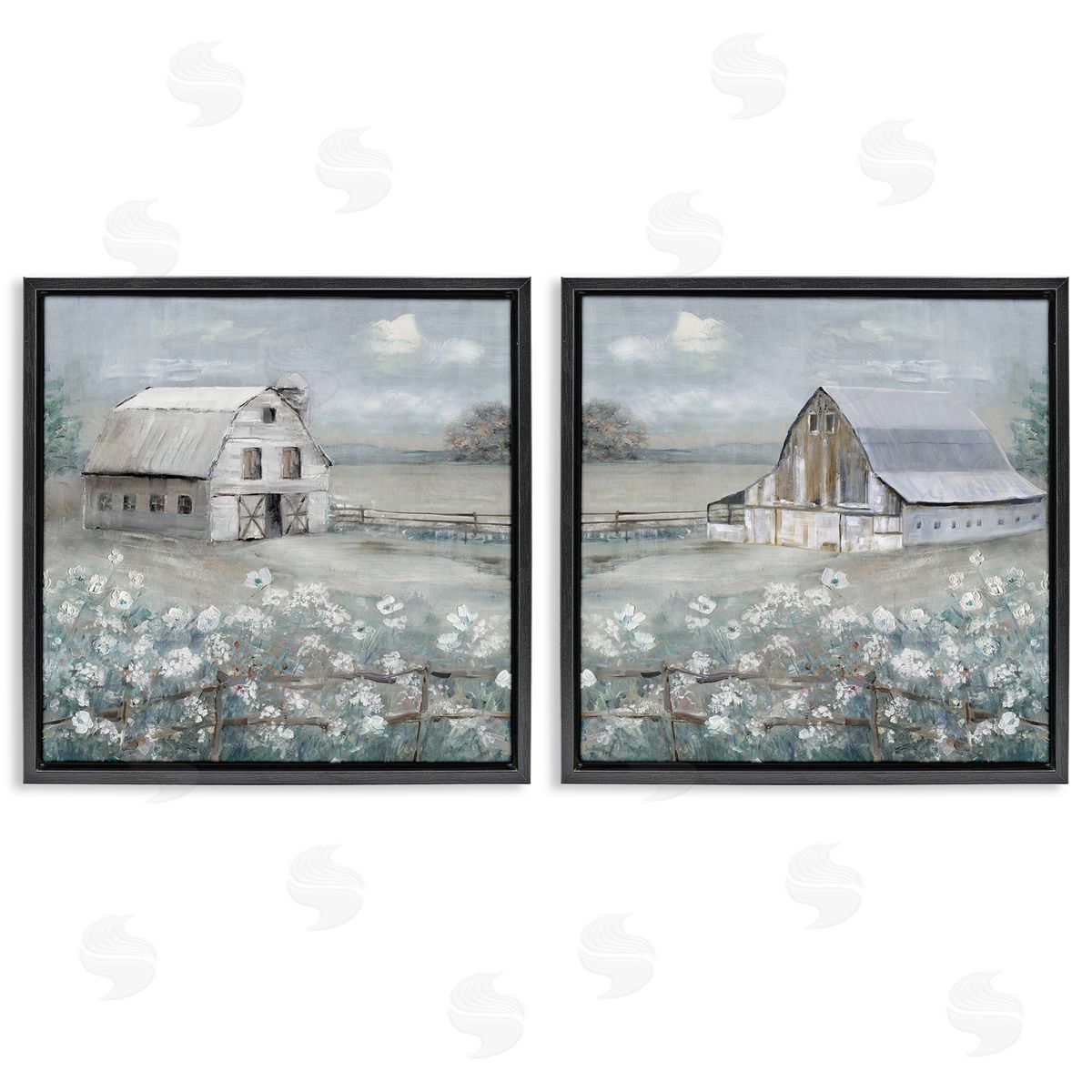 Country Meadows with Barns Black Floating Frame Canvas Wall Art, Home Decor by Sally Swatland