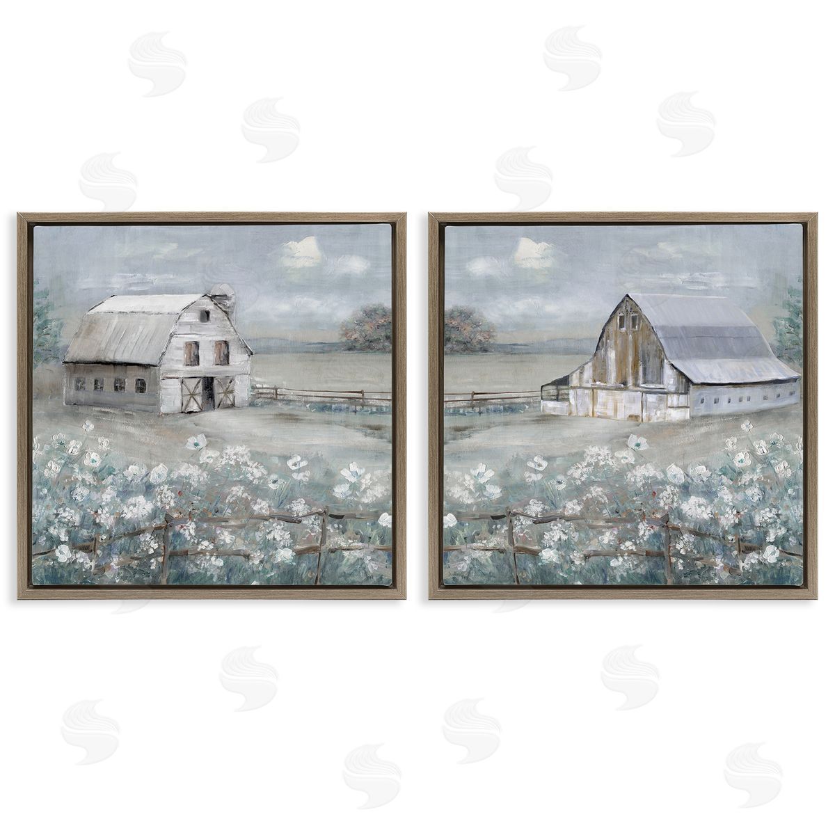 Country Meadows with Barns Brown Floating Frame Canvas Wall Art, Home Decor by Sally Swatland