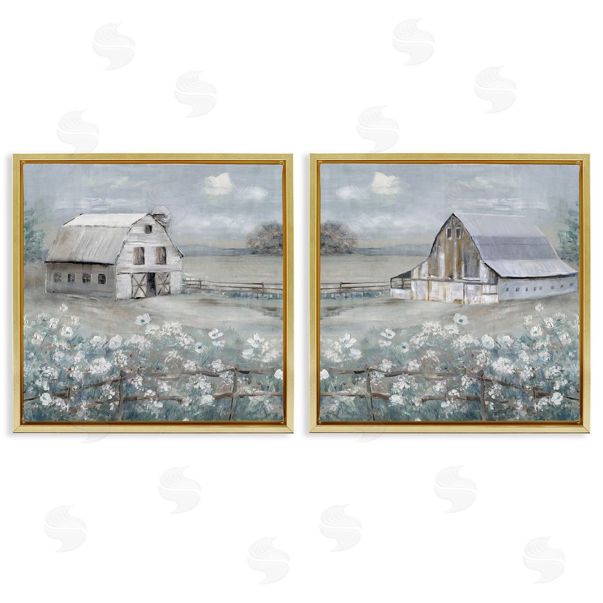 Country Meadows with Barns Gold Floating Frame Canvas Wall Art, Home Decor by Sally Swatland