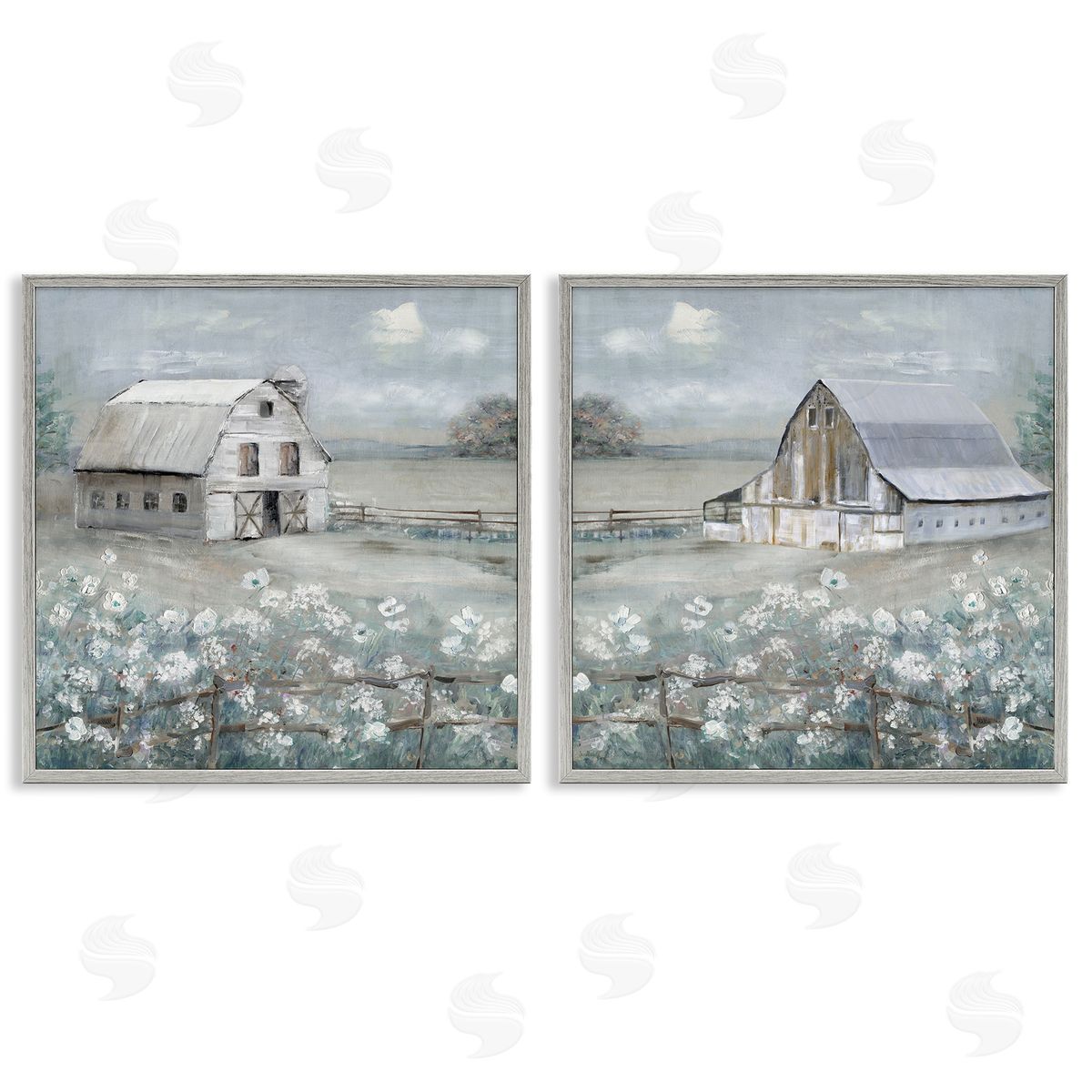 Country Meadows with Barns Grey Frame Print Wall Art, Home Decor by Sally Swatland