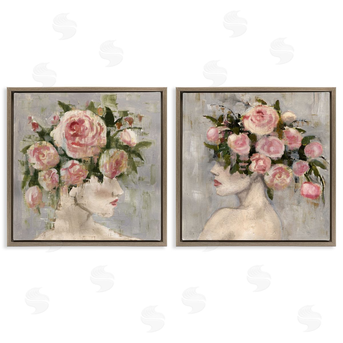 Surreal Women with Roses Brown Floating Frame Canvas Wall Art, Home Decor by Charity Henderson