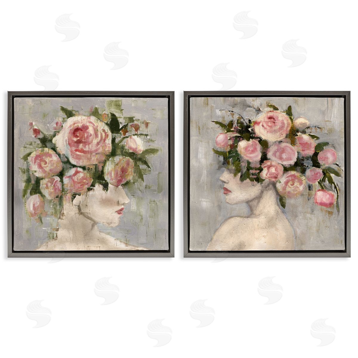 Surreal Women with Roses Grey Floating Frame Canvas Wall Art, Home Decor by Charity Henderson