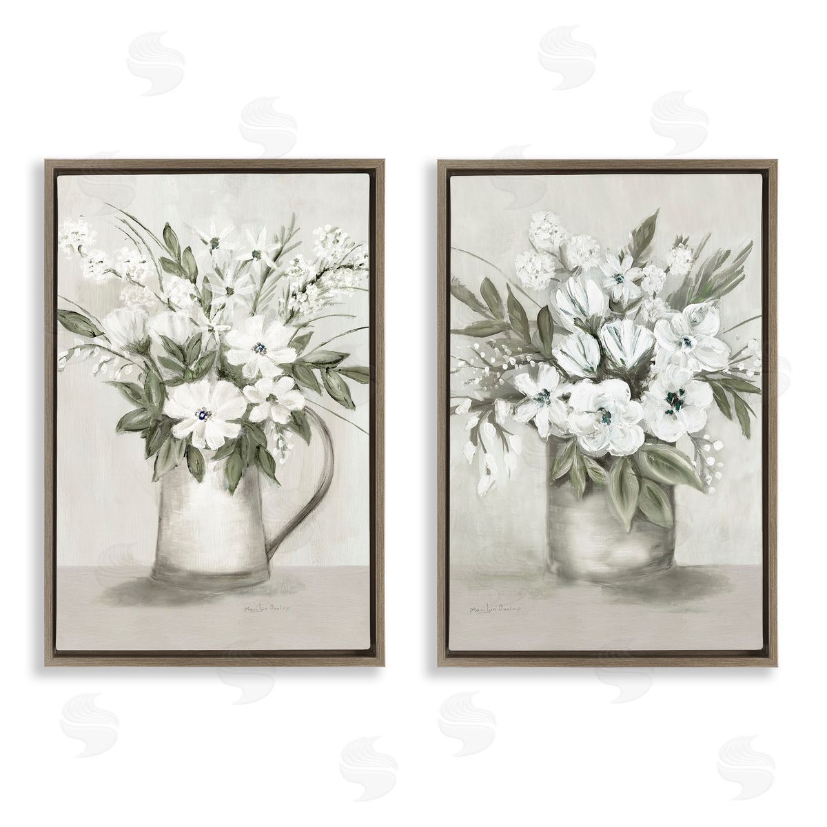 Country Vases with Bouquets Brown Floating Frame Canvas Wall Art, Home Decor by Marilyn Dunlap