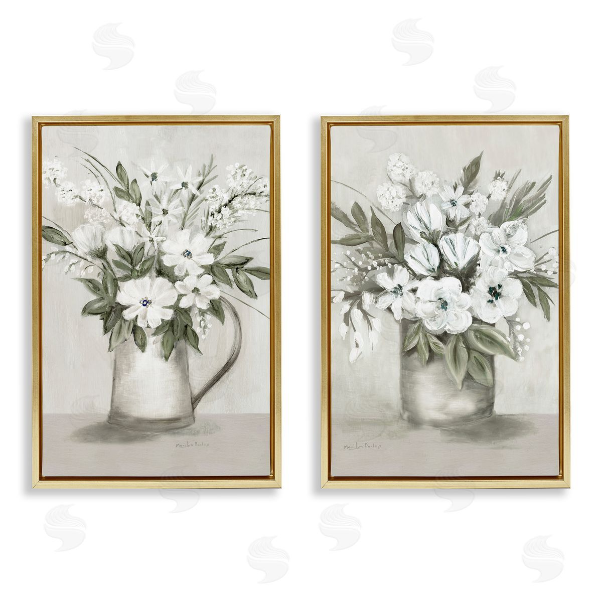 Country Vases with Bouquets Gold Floating Frame Canvas Wall Art, Home Decor by Marilyn Dunlap