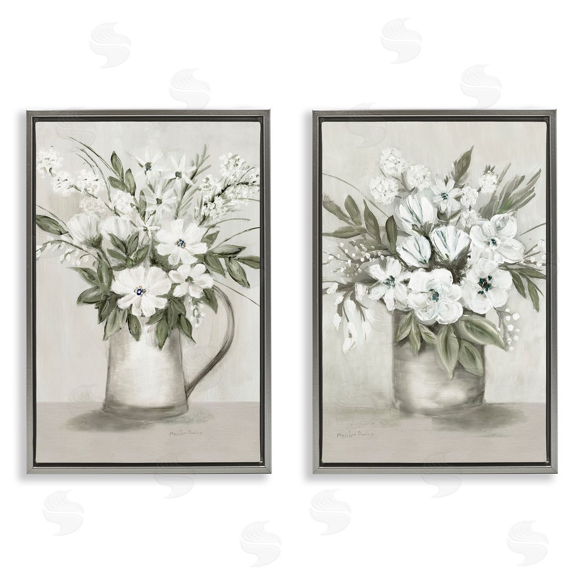 Country Vases with Bouquets Grey Floating Frame Canvas Wall Art, Home Decor by Marilyn Dunlap
